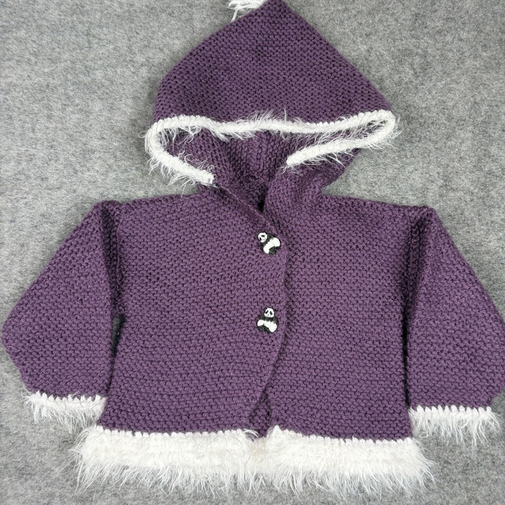 Unbranded Knit Hooded Cardigan Baby Size 6-12M Purple Panda Faux Fur Trim - Picture 3 of 9